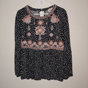 Savanna Jane Long Sleeve Embroidered Polka Dot Peplum Blouse Black Sz L